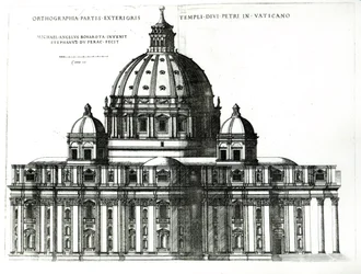 O exterior do St. Basílica de São Pedro, em Roma, a partir da Spelling externa parte (und) do templo interior de São Pedro, no Vaticano, c.1577